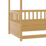Twin Size Canopy Bed Frame with 4 Posters and Guardrails, Twin Size Montessori Floor Bed with High Fence, Natural Bellemave