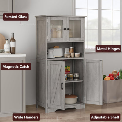 IDEALHOUSE 50.4" Grey Freestanding Kitchen Pantry Cabinet with Glass Doors and Adjustable Shelves - WoodArtSupply