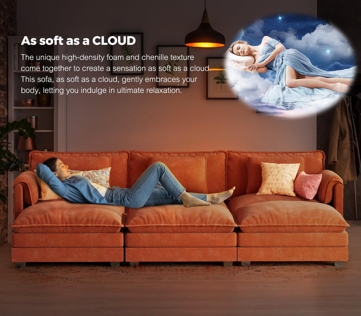 ELUCHANG Oversized 113" Modular Sectional Sofa, Comfy Cloud Couch, L Shaped Deep Seat Sofa Couches for Living Room, 4-Seater Modern Sofa with Movable Ottoman, DIY Combination - Chenille Terracotta ELUCHANG