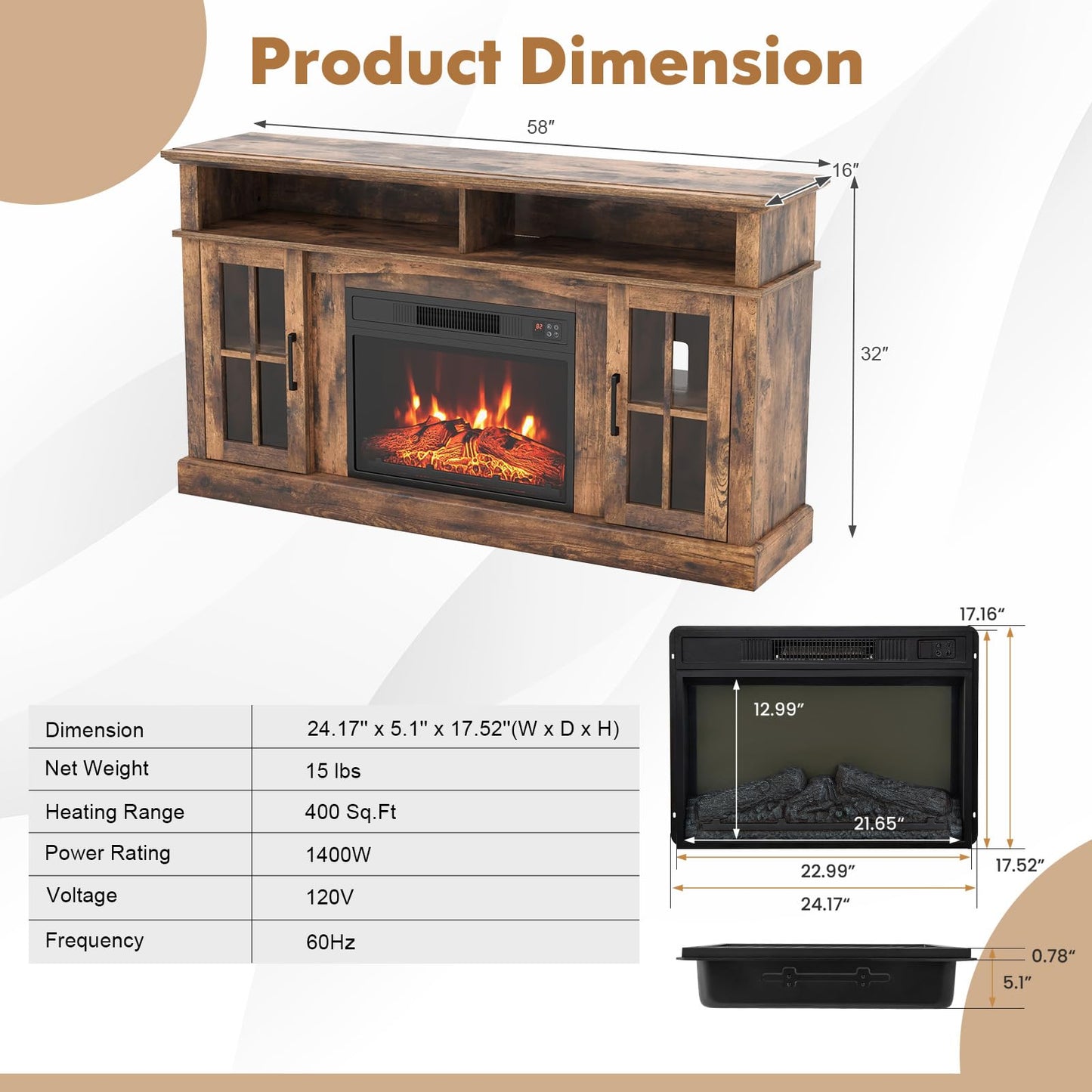 COSTWAY Electric Fireplace TV Stand for TVs Up to 65 Inches, 1400W Heater Insert with Remote Control, 6H Timer, 3-Level Flame, Overheat Protection and CSA Certification, Adjustable Shelves, Brown