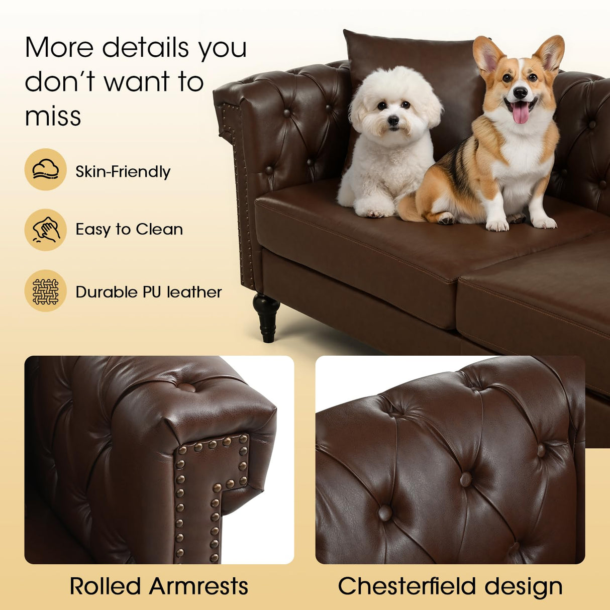 Kvutx 99.4" X 99.4" L Shaped Couch Faux Leather Sectional Couch with Three Pillows Chesterfield L Shaped Sofa 5 Seat PU Leather Sectional Couches for Living Room Brown Kvutx