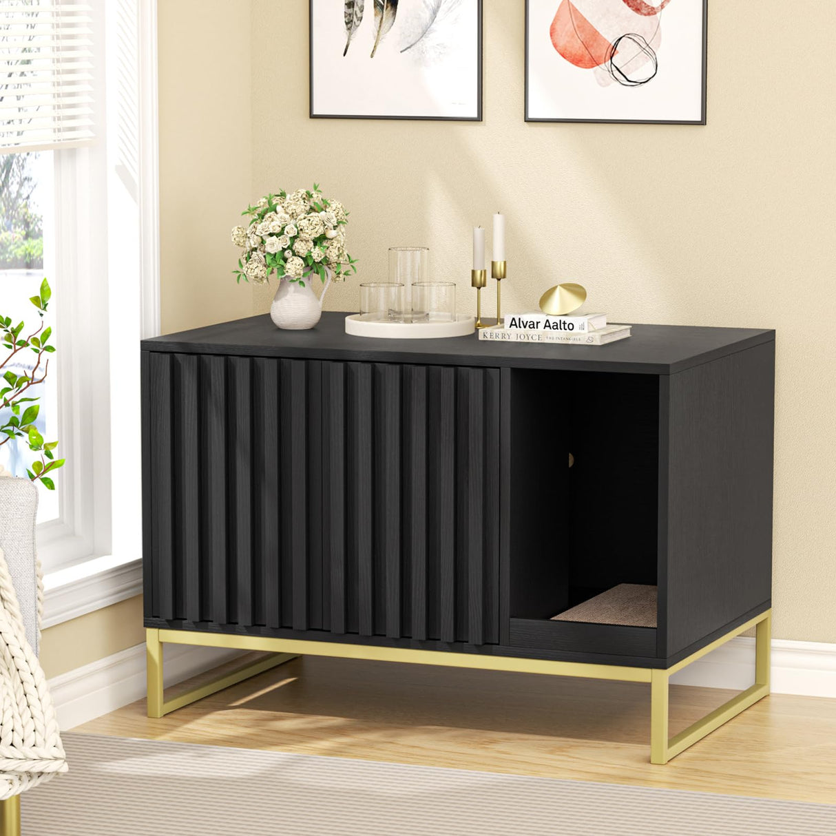 Halitaa Litter Box Enclosure, Modern Cat Litter Box Furniture Hidden Litter Box with Scratch Pad, Cat Washroom House End Table, Entryway Bench for Livingroom (Black) Halitaa