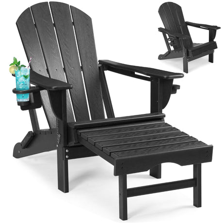 Rengue Folding Adirondack Chair with Retractable Ottoman, Patio Chair with Cup Holder, Wood Texture Fire Pit Chair, Heavy Duty HDPE Weather Resistant for Outdoor Lawn Porch Garden Backyard Deck Rengue