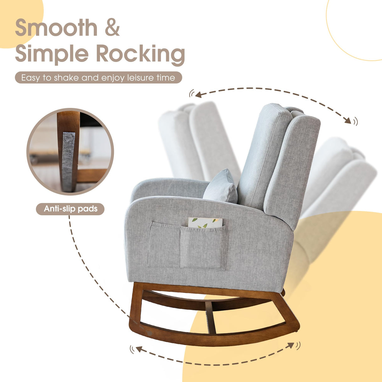 COCO DESIGN Rocking Chair Nursery Indoor with Thick Cushion, Modern Design for Living Room, Bedroom, Durable Wooden Frame with Soft Fabric, Comfortable for Reading, Gray COCO DESIGN