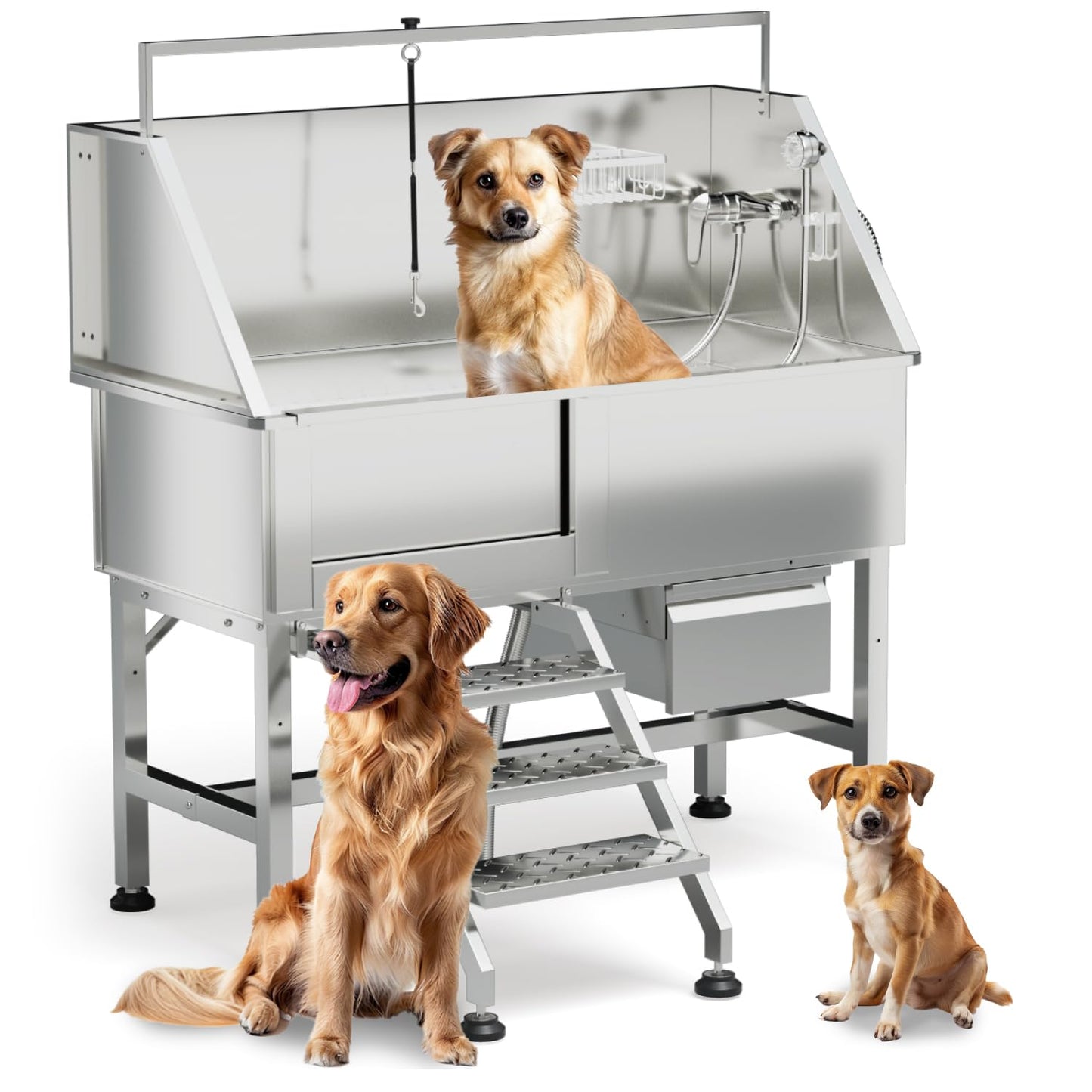 46" Dog Washing Station for Home,Professional Dog Bathing Station Stainless Steel,Dog Grooming Tub with Stairs Storage Drawer,Floor Grate，Dog Bathtub for Large,Medium,Small Pets (Left Stair, 46")