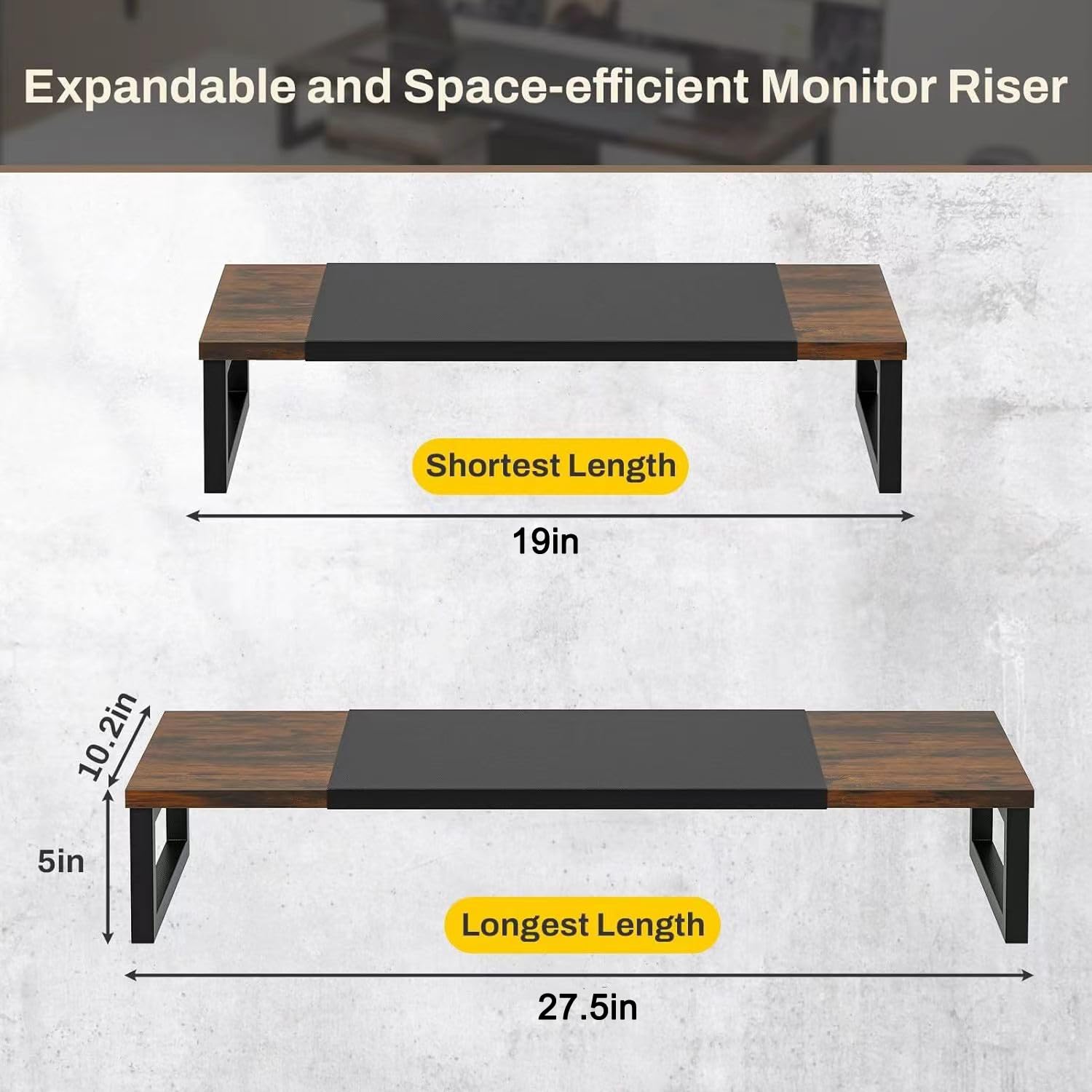 SYDWORKSHOP Expandable Dual Monitor Stand for Desk, Wood Monitor Riser Adjustable Length 19'' to 28'', Versatile Desktop Shelf for Gaming Computer Screens, Laptop, TV, Printer - WoodArtSupply