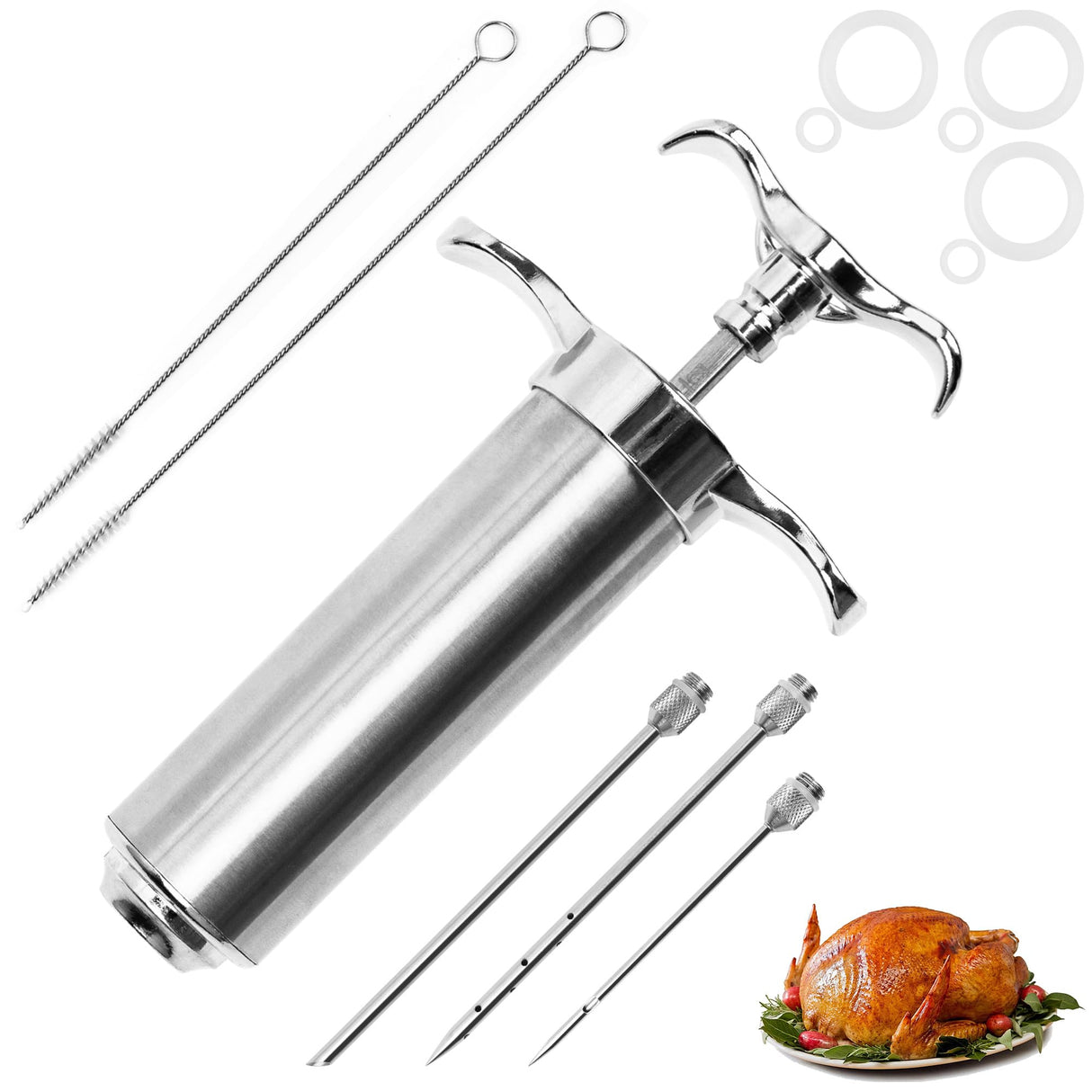 Dormercy Meat Injector Syringe Kit, Flavor Injector with 3 Marinade Needles, Stainless Steel Kitchen Food Injection Syringe for Turkey Cooking Dormercy