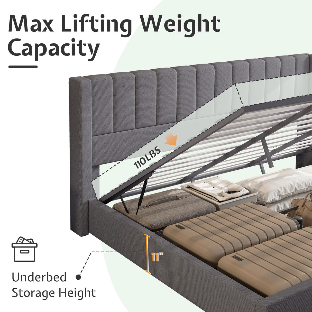 Jocisland King Size Lift Up Storage Bed Frame, Linen Upholstered Platform Bed with Vertical Channel Tufted Headboard and Wingback, Hydraulic System, No Box Spring Needed, Wood Slats Support, Dark Grey Jocisland