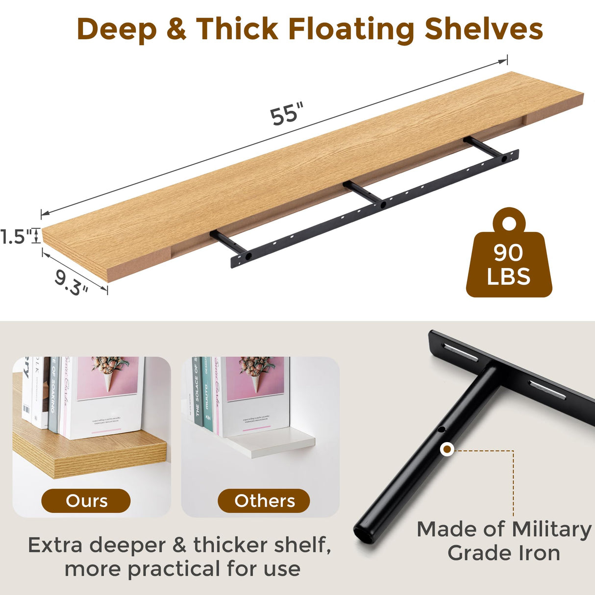 Oak Floating Shelves 72 Inch Long, 9.3" Deep Shelves Wall Mounted, 72"x9.3" Fireplace Mantel, Deep Storage Shelves for Home & Office, Rustic Large TV Stand - 9.3" D x 72" W x 1.5" H, 1 Pack Fun Memories