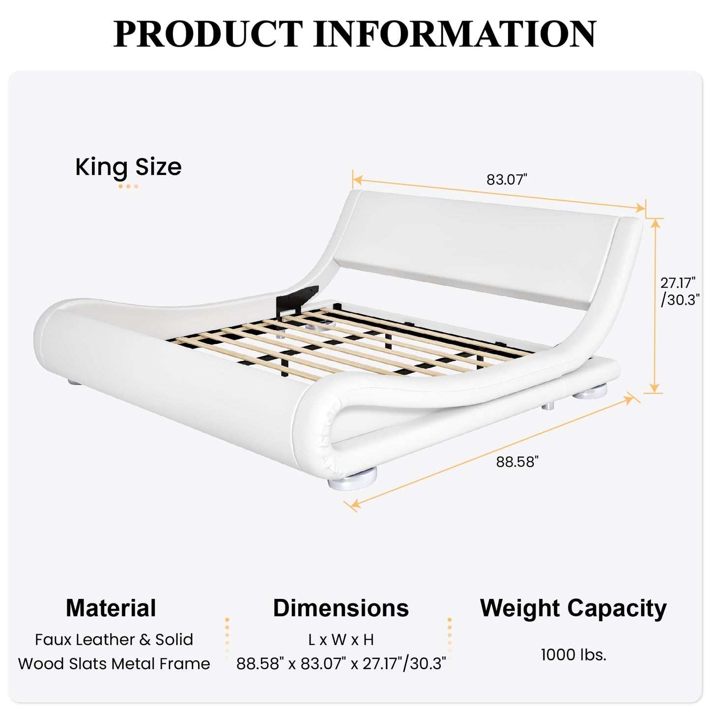 SHA CERLIN King Size Low Profile Sleigh Bed Frame with Ergonomic Faux Leather Headboard, Easy Assembly, White - WoodArtSupply