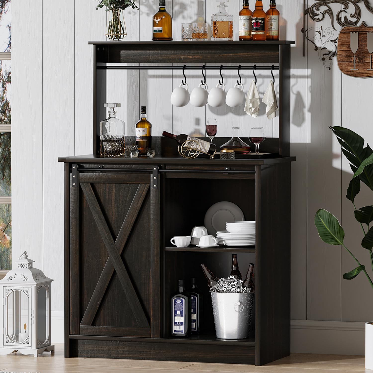 4ever2buy Farmhouse Coffee Bar Cabinet with Sliding Barn Door, 50'' Farmhouse Coffee Bar with 6 Hooks, Coffee Bar with Hutch for Living Dining Room, Dark Oak - WoodArtSupply