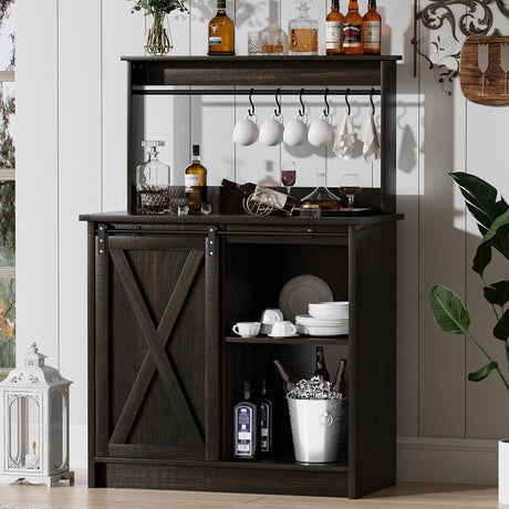 4ever2buy Farmhouse Coffee Bar Cabinet with Sliding Barn Door, 50'' Farmhouse Coffee Bar with 6 Hooks, Coffee Bar with Hutch for Living Dining Room, Dark Oak 4ever2buy