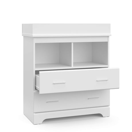 Storkcraft Brookside 2 Drawer Changing Table Dresser (White) – GREENGUARD Gold Certified, Easy-to-Match Chest of Drawers and Cubbies for Nursery and Kids Bedroom, Includes Changing Table Topper Storkcraft