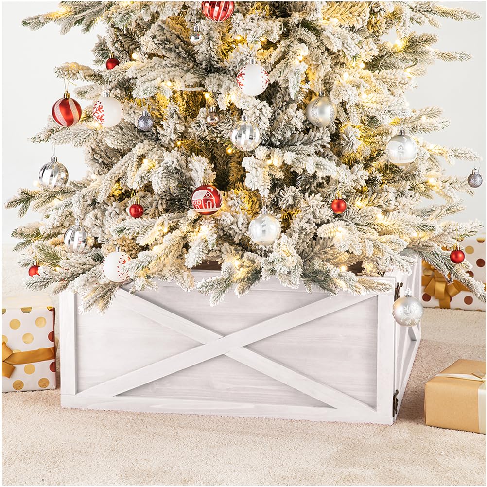 Glitzhome Washed White Wooden Tree Collar Tree Stand Cover Christmas Tree Skirt Tree Box, 22" L - WoodArtSupply