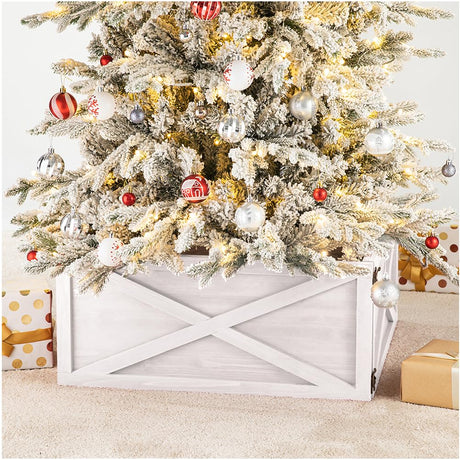 Glitzhome Washed White Wooden Tree Collar Tree Stand Cover Christmas Tree Skirt Tree Box, 22" L Glitzhome