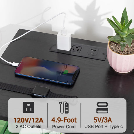AMHANCIBLE Night Stand Set 2, LED Nightstands for Bedroom Set of 2 with Charging Station, End Table with USB Port and Outlet, Side Table with 2 Storage Drawers for Living Room, Black, HET052LBK AMHANCIBLE