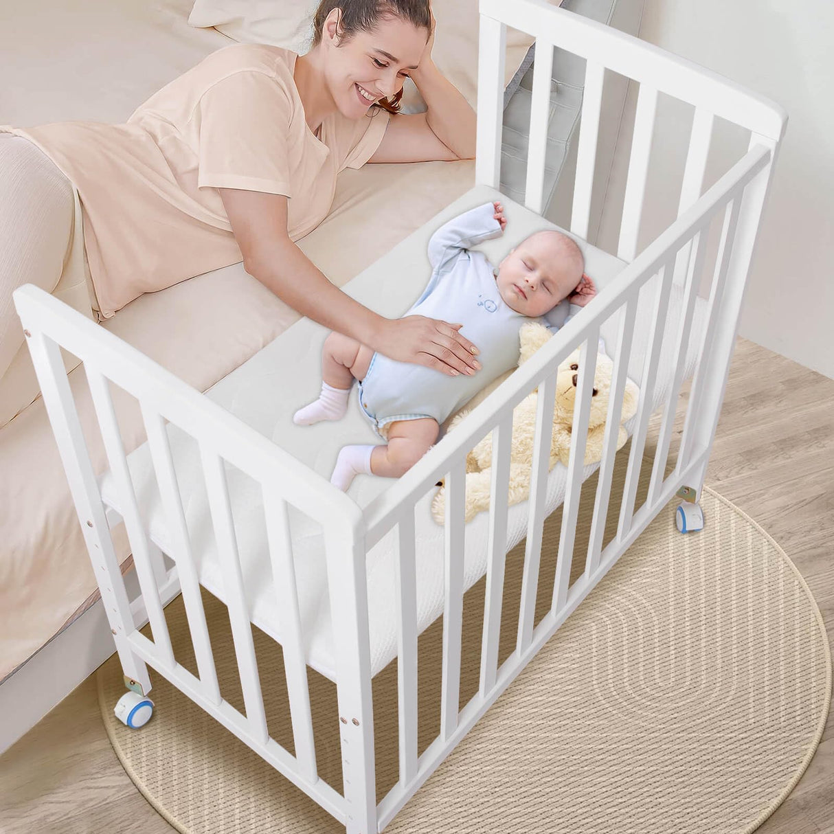 Flwrgirl Baby Bassinets Bedside Sleeper - Pine Wood Bassinet Bedside Sleeper,6 Heights Bedside Bassinet for Baby,Co Sleeper for Baby in Bed with Mattress,Baby Bedside Bassinet Crib,White Flwrgirl