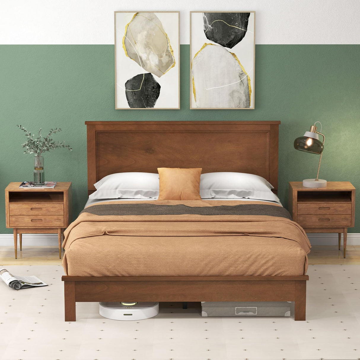 Giantex Mid Century Walnut Queen Platform Bed Frame with Elegant Headboard and Solid Wood Support Giantex
