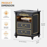 Gurexl Farmhouse Nightstand with Gun Drawer, 20" Vintage Bedside Table with LED Lights & Charging Station, Tall Rustic Wood Sofa Side End Table with 2 Drawers for Bedroom (Black) Gurexl