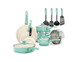 GreenLife Soft Grip 16 Piece Cookware Set, Non-Toxic PFAS-Free Ceramic Nonstick, Pots, Frying, Sauce, Saute, Glass Lids, Stay-Cool Handles, Wobble Free Bases, Dishwasher & Oven Safe, Turquoise GreenLife