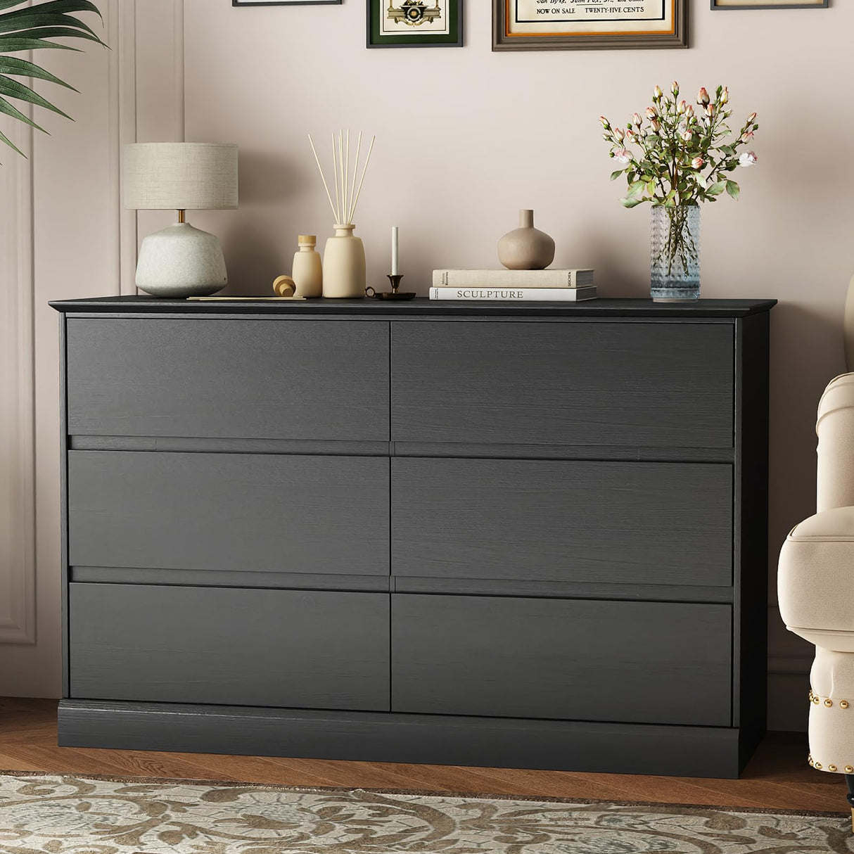 Seeday Dresser for Bedroom, Modern Wooden Dresser Closet Dressers,6 Drawer Dressers for Living Room, Entryway, or Hallway, Black Seeday