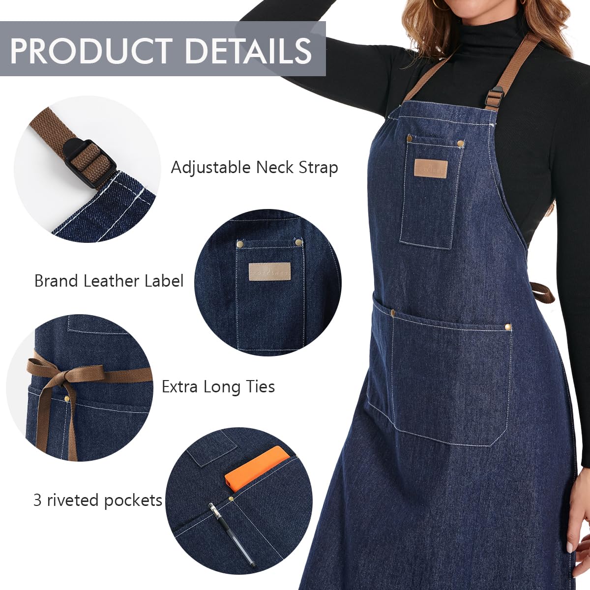 ROTANET Denim Work Apron with 3 Pockets Jean Shop Aprons for Chef Hairstylist Kitchen Woodworking for Men Women Blue ROTANET