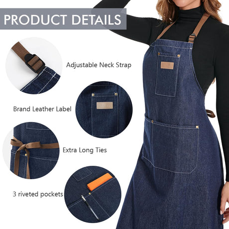 ROTANET Denim Work Apron with 3 Pockets Jean Shop Aprons for Chef Hairstylist Kitchen Woodworking for Men Women Blue ROTANET