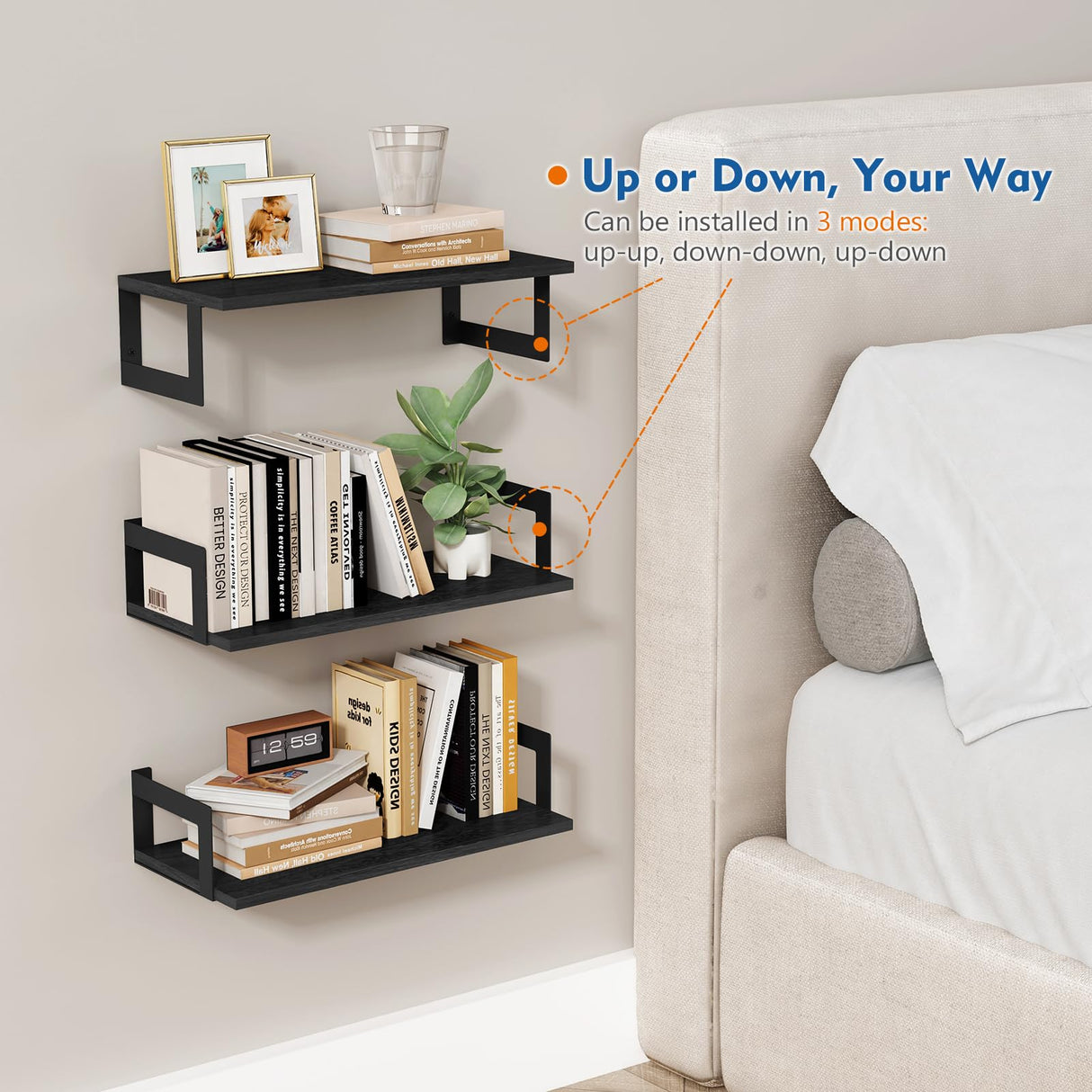 Harwaya Wall Mounted Bookshelf, Floating Bookshelves for Bedroom, 17 Inches Long Wall Mount Book Shelves for Living Room Office Books, Black Wall Book Holder Bookcase (Set of 3) Harwaya