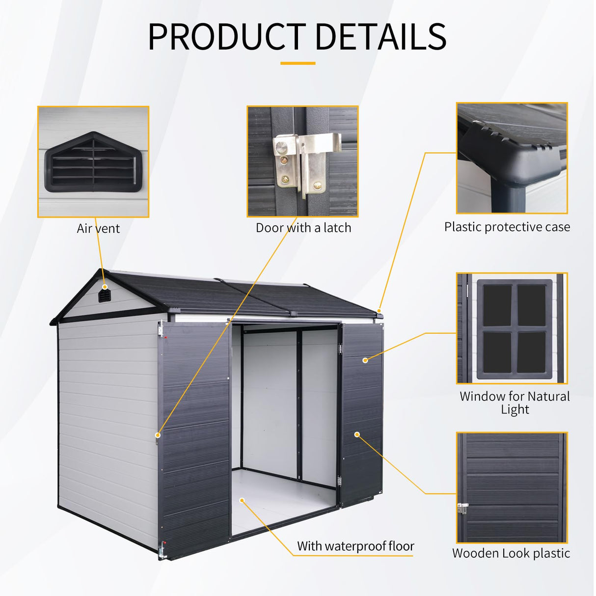 8x6 FT Outdoor Storage Shed, Resin Garden Shed with Thick Floor, Plastic Storage Shed with 2 Windows, Waterproof Outside Tool Shed with Lockable Hinged Doors for Backyard, Patio, Lawn, Black+White BNSPLY