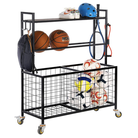MyGift Sports Equipment Organizer, Garage Ball Storage for Indoor and Outdoor, Garage Organizer for Sports Gear and Toys, Rolling Ball Cart with Baskets, 16" D x 41" W x 49" H MyGift