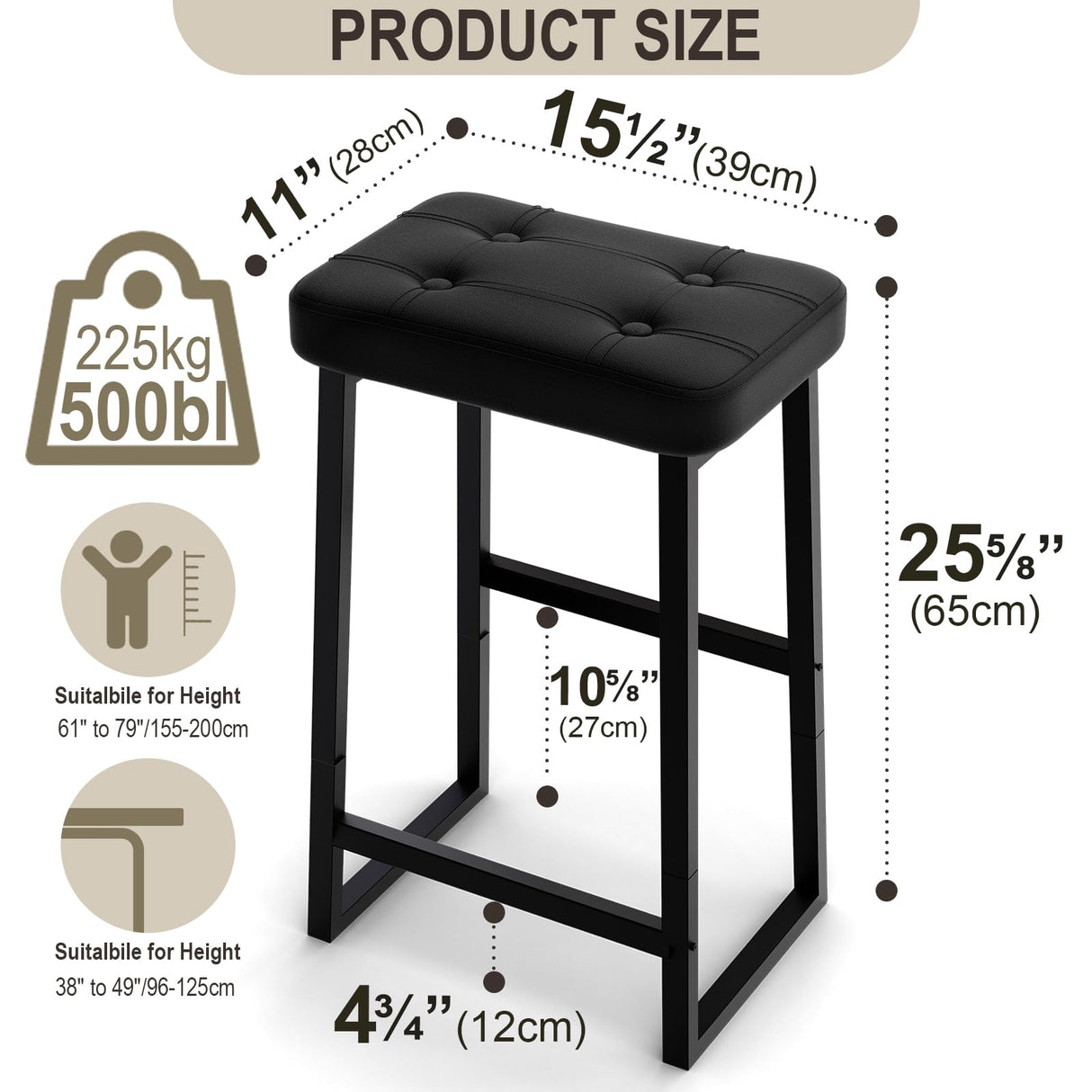 iTsst Bar Stool, Counter Height Bar stools,Modern Kitchen Island Chairs, Synthetic Leather with Stitching, 26 inches high, for Kitchen/Family Restaurant/Dining Room/Farmhouse, Black iTsst