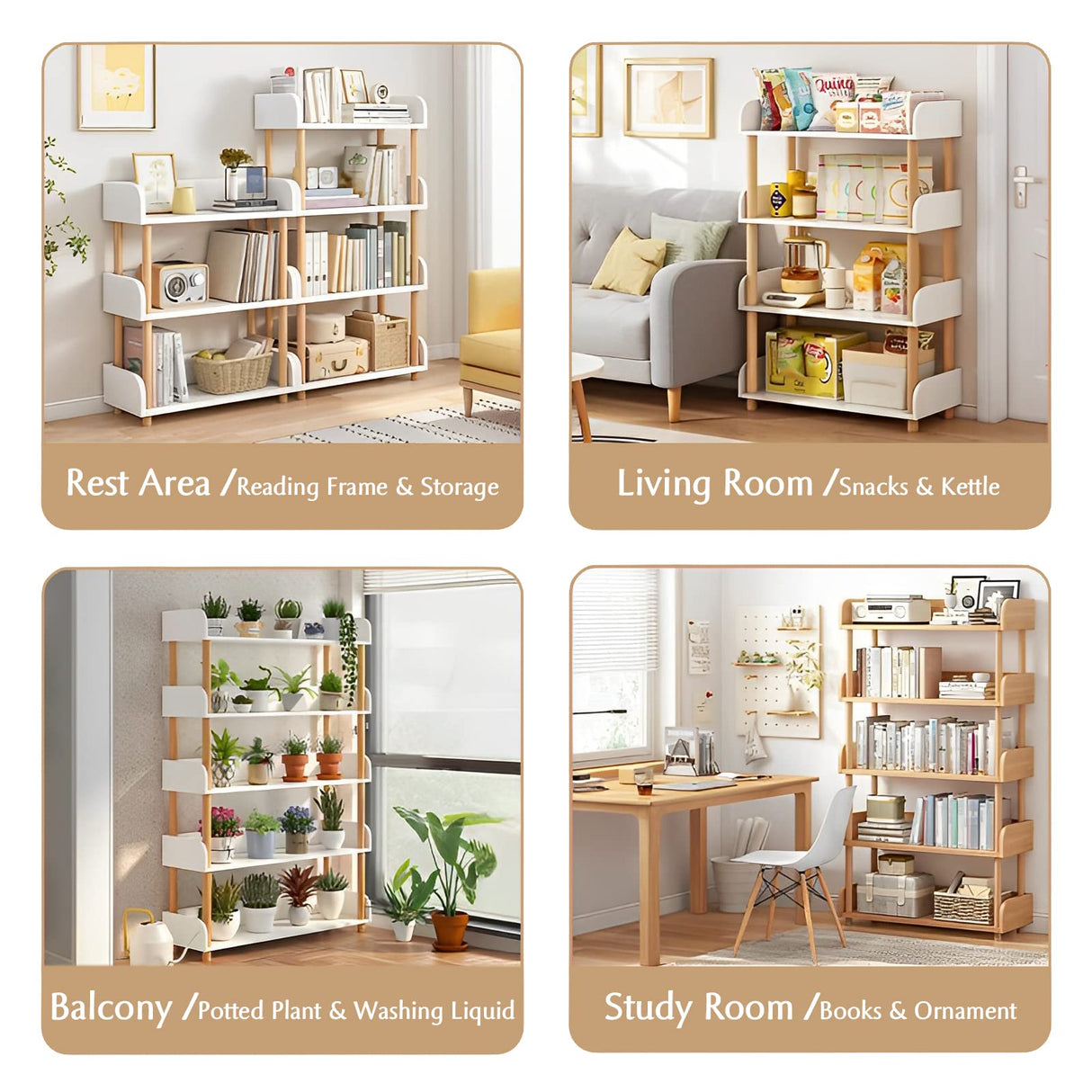 Modern 4-Tier Wooden Open Bookcase in Warm White - Versatile Freestanding Bookshelf with Solid Wood Frame and Side Panels OSCHF
