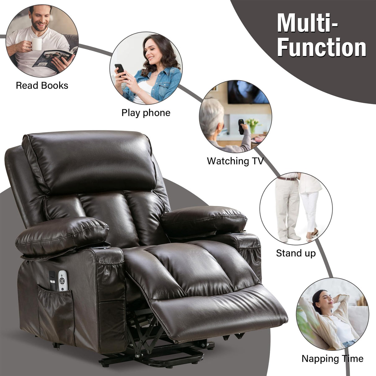 RHHVVR Power Lift Recliner Chair for Elderly, Lay Flat Recliner Chair with Heat and Massage, Electric Stand Assist Leather Lift Lounge Recliner Presents for Family, Dark Brown RHHVVR