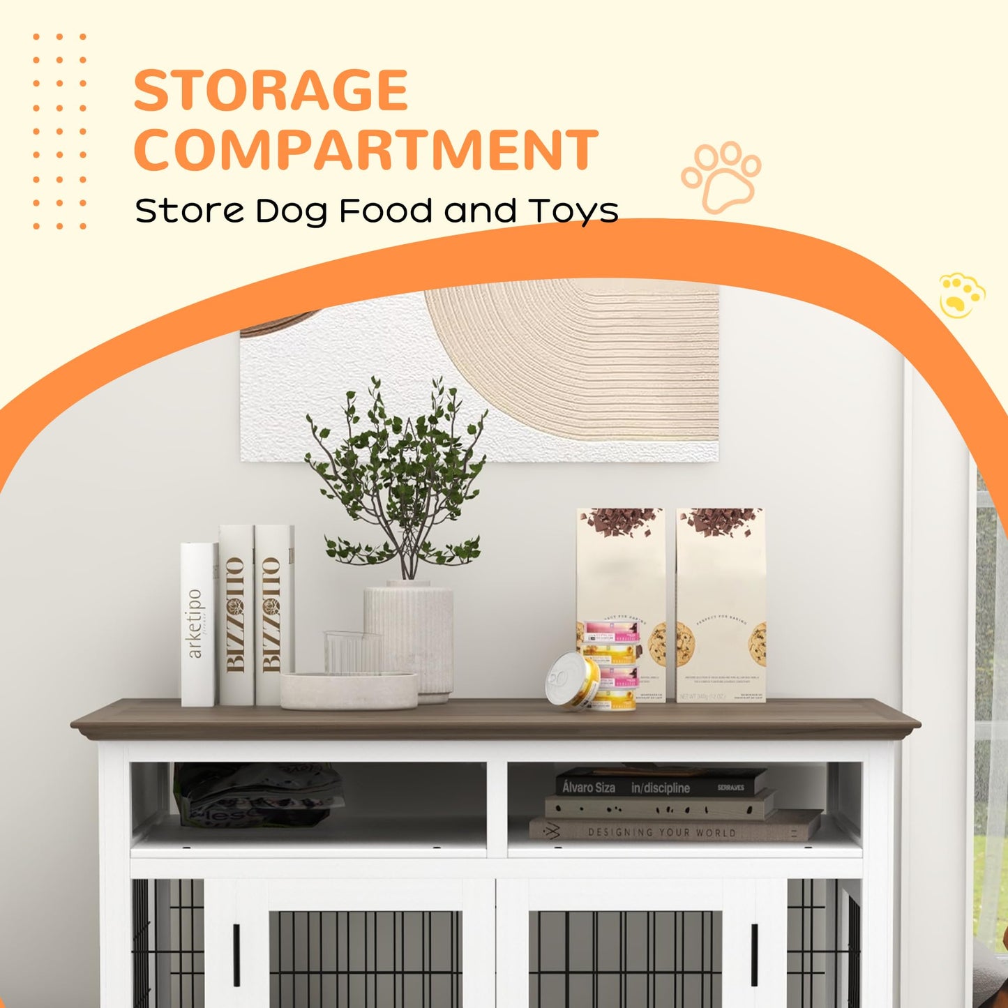 PawHut Dog Crate Furniture Side End Table with Storage, 41" Modern Wooden Dog Kennel Furniture with Double Doors for Small and Medium Dogs, White - WoodArtSupply