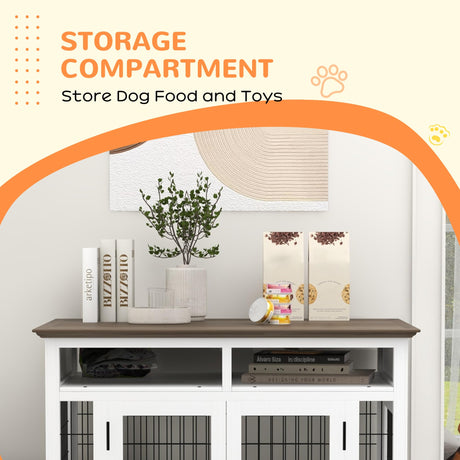 PawHut Dog Crate Furniture Side End Table with Storage, 41" Modern Wooden Dog Kennel Furniture with Double Doors for Small and Medium Dogs, White PawHut