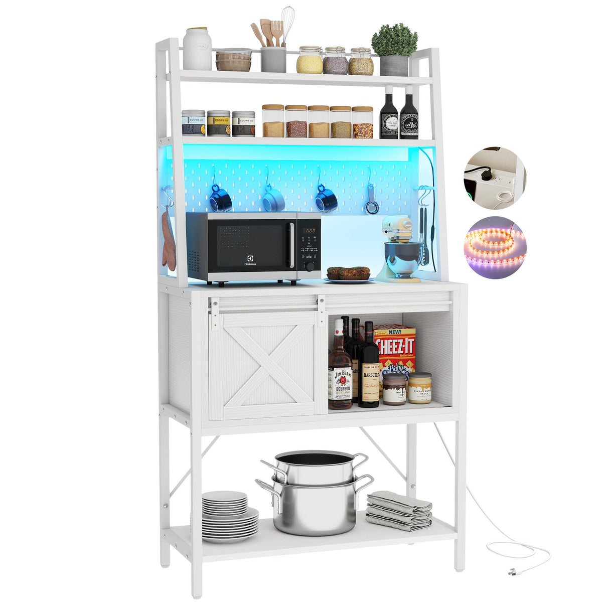 DWVO White Bakers Rack with Power Outlet, LED Light, and Sliding Storage Door - Farmhouse Kitchen Coffee Bar with 4-Tier Shelves and Hooks DWVO