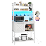 DWVO White Bakers Rack with Power Outlet, LED Light, and Sliding Storage Door - Farmhouse Kitchen Coffee Bar with 4-Tier Shelves and Hooks DWVO