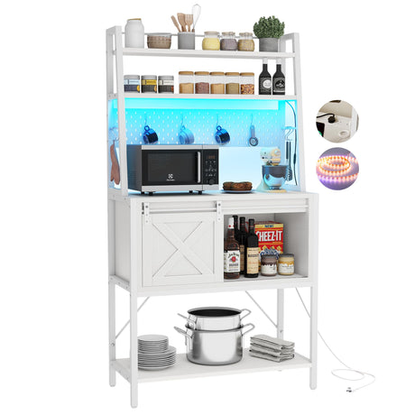 DWVO White Bakers Rack with Power Outlet, LED Light, and Sliding Storage Door - Farmhouse Kitchen Coffee Bar with 4-Tier Shelves and Hooks DWVO