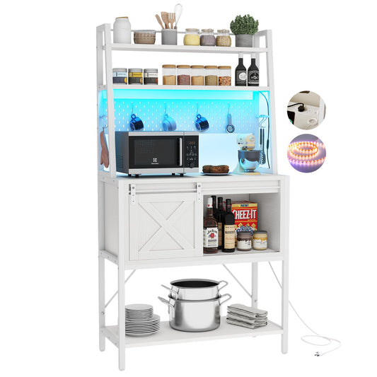 DWVO Bakers Rack with Power Outlet and LED Light, Microwave Stand Cabinet with Sliding Storage Drawer Barn Door, Farmhouse Kitchen Tall Coffee Bar Table with 4-Tiers Shelf and 8 Hooks (White)