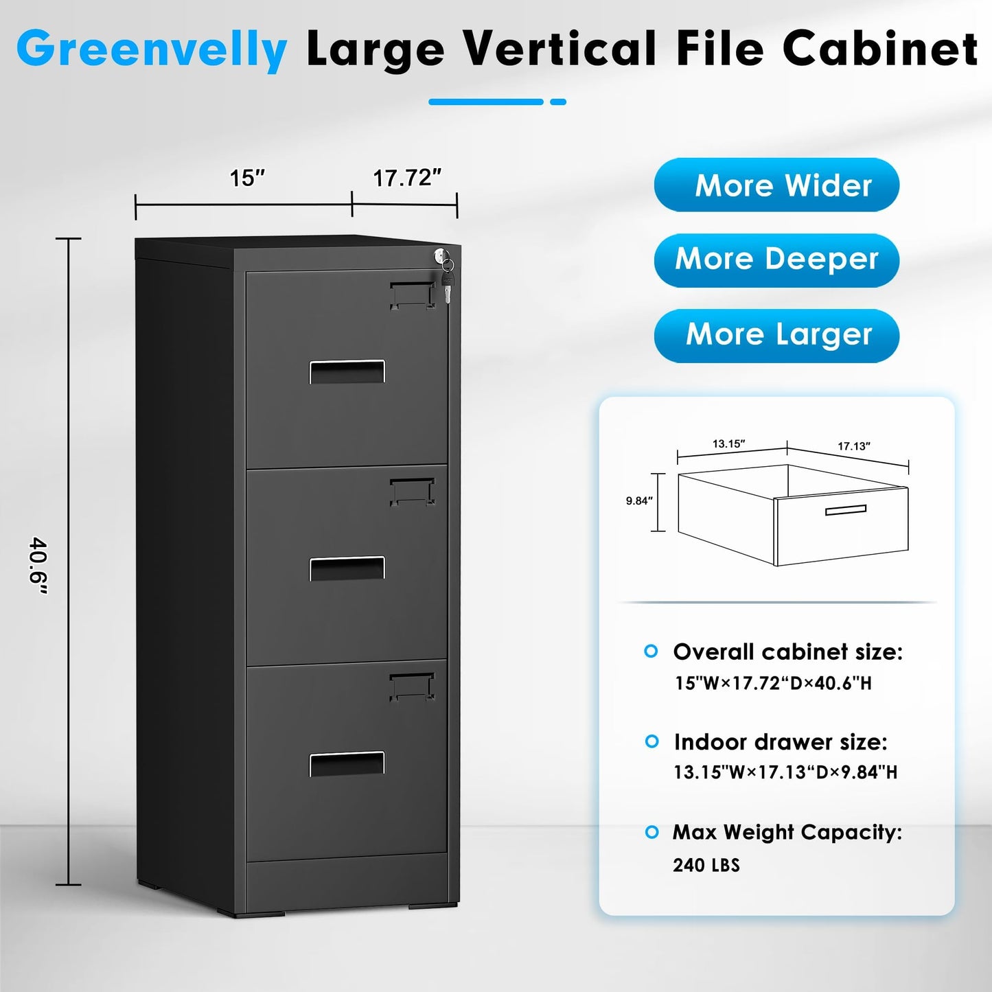 Greenvelly Black Filing Cabinet 3 Drawer, 18” D Vertical File Cabinet with Lock, Locking File Cabinet for Home Office, Metal File Cabinet for Hanging Letter/Legal Folders, Easy Assemble - WoodArtSupply