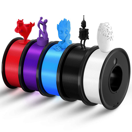 FAHKNS 3D Printer Filament PLA 1.75mm 3-D Printing Materials 5 Colors Bundle Print Filimate 1.75 mm White Black Red Blue Purple Filiment1.75 Accuracy ±0.02mm Fillament Spool Vacuum Pack 250G X 5 Roll FAHKNS