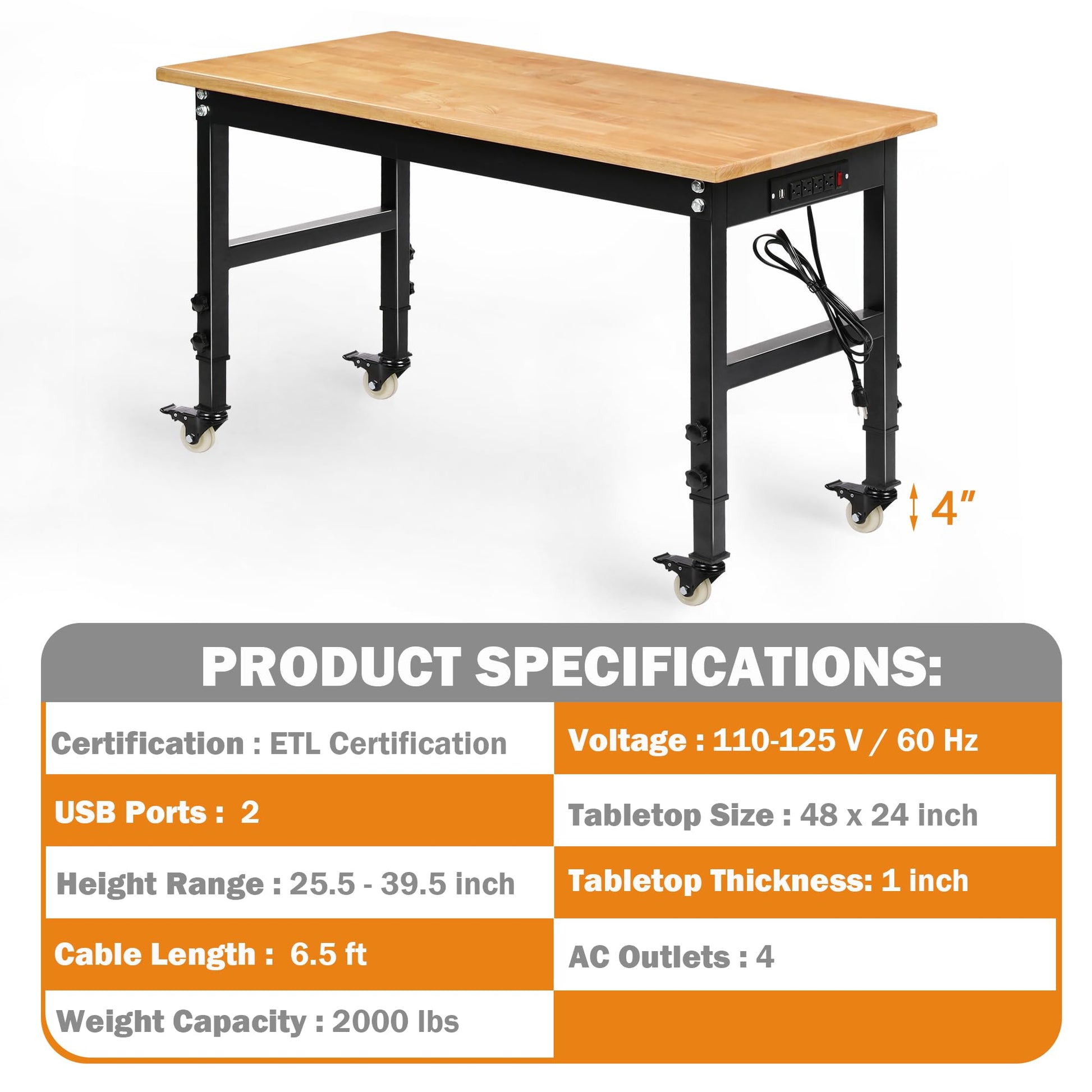 Betterhood 48" Adjustable Workbench for Garage, Rubber Wood Heavy Duty Workstation with Power Outlets & Wheels, 2000 LBS Load Capacity Hardwood Worktable for Workshop, Garage, Office, Home, C - WoodArtSupply