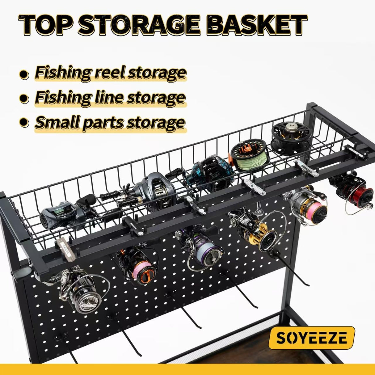 SOYEEZE Large Size Fishing Rod Holders for Garage, Heavy Duty 4-Tier Fishing Pole Rack Holds up to 12 Rods with Pegboard and Hooks, Fishing Gear Organizer, Fishing Storage Cart with Lockable Wheels SOYEEZE