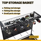 SOYEEZE Large Size Fishing Rod Holders for Garage, Heavy Duty 4-Tier Fishing Pole Rack Holds up to 12 Rods with Pegboard and Hooks, Fishing Gear Organizer, Fishing Storage Cart with Lockable Wheels SOYEEZE
