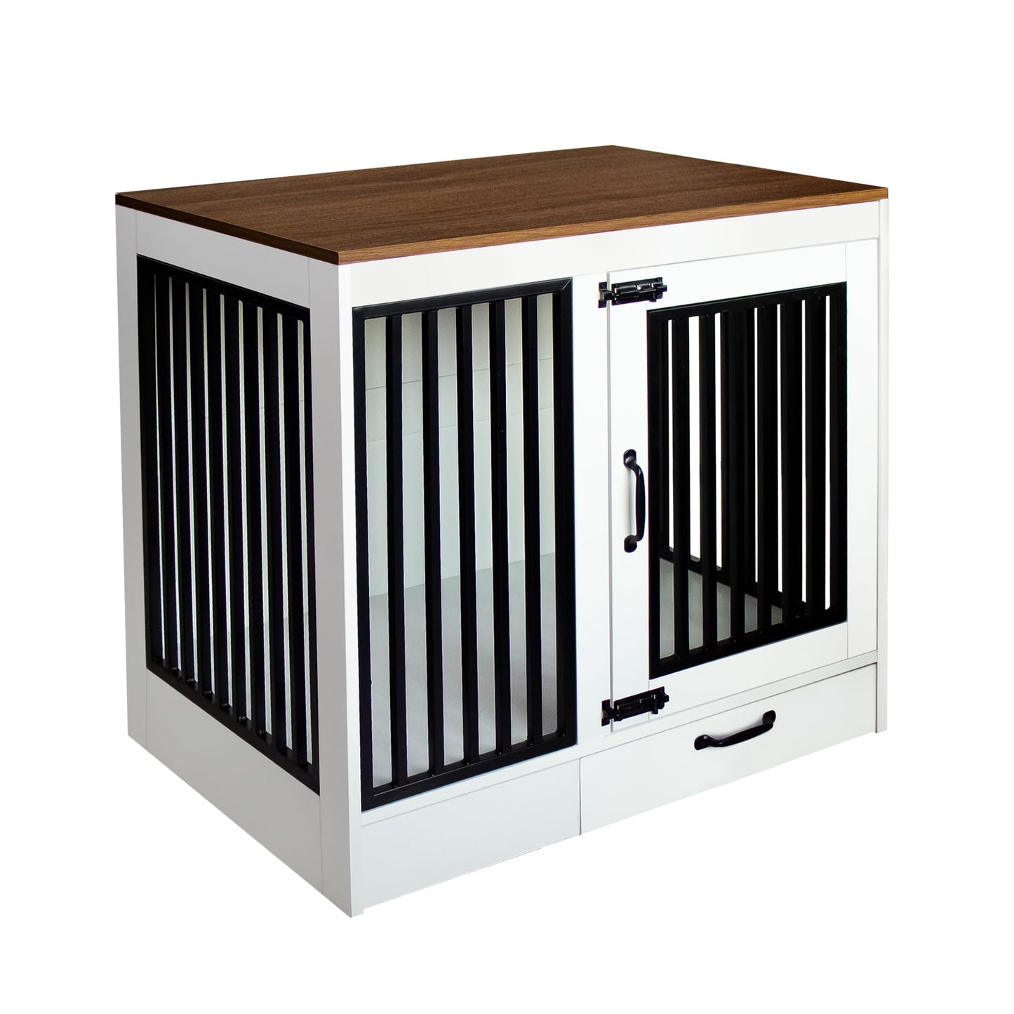 yookare White Heavy Duty Furniture Dog Crate, Wood and Metal Cage Kennel, Double Doors End Table with Drawer and Pull-Out Trays, Dog Home for Indoor use, Medium Size