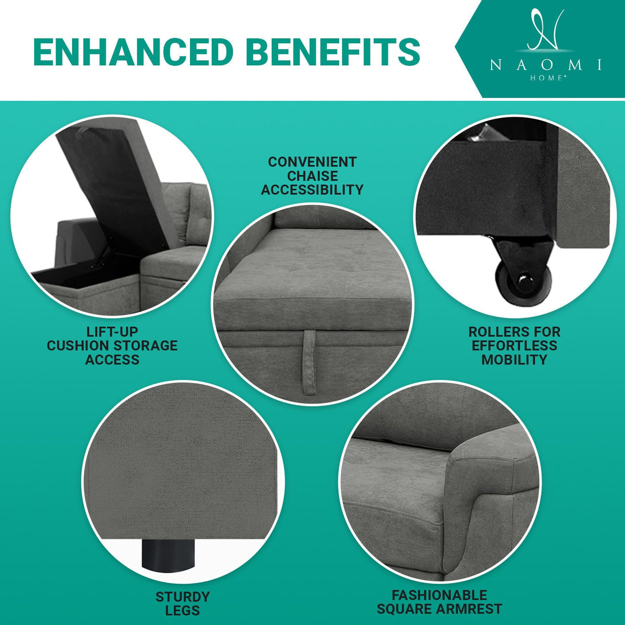 Naomi Home Transform Any Space: Sleeper Sectional Sofa with Convertible Sofa Bed & Inviting Chaise. Find Tranquil Comfort with Stress-Relieving Design & Durable Cushions - Gray/Velvet Naomi Home