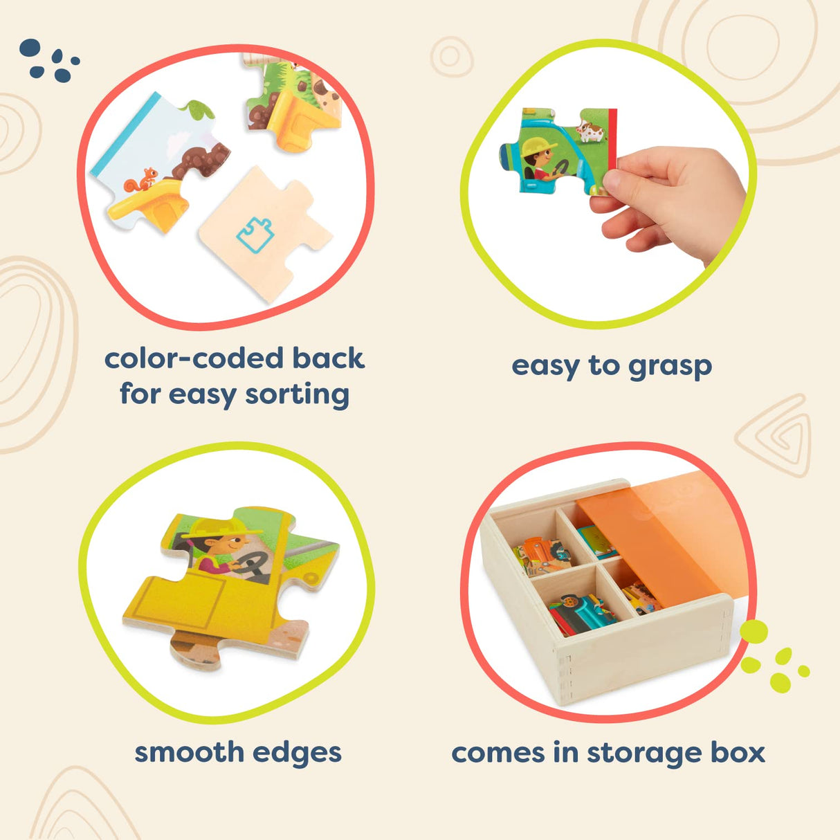 B. toys- Pack o' Puzzles - Trucks- Wooden Puzzle Set – 4 Truck Puzzles – Car Carrier, Loader, Excavator, Dump Truck – 12-Piece Jigsaw Puzzles for Kids – 3 Years + B. toys