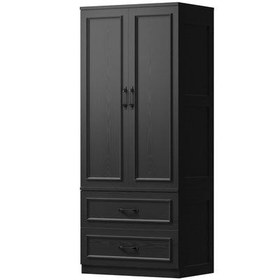 LIKIMIO Armoire Wardrobe Closet with 2 Doors and 2 Drawers 70" H x 28" W Wooden Bedroom Freestanding Wardrobe Combination for Hanging Clothes, Black