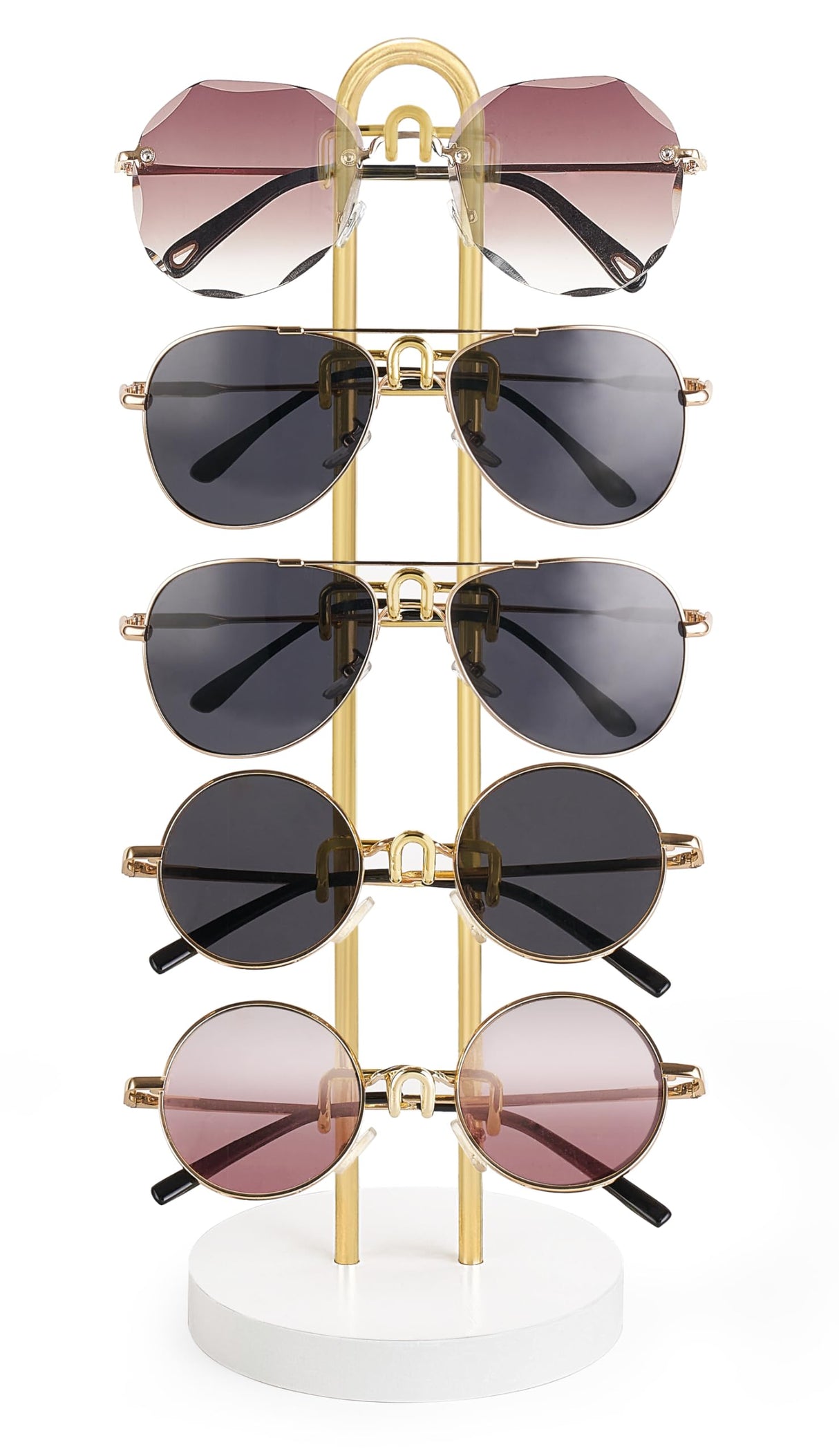 Mkono Sunglasses Organizer Glasses Holder Stand Sunglass Storage Eyeglasses Rack Metal Frame with Wood Base for 5 Pairs of Eyewear Display for Table Desk Countertop Dresser Bedroom, Set of 1, Gold Mkono