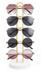 Mkono Sunglasses Organizer Glasses Holder Stand Sunglass Storage Eyeglasses Rack Metal Frame with Wood Base for 5 Pairs of Eyewear Display for Table Desk Countertop Dresser Bedroom, Set of 1, Gold Mkono